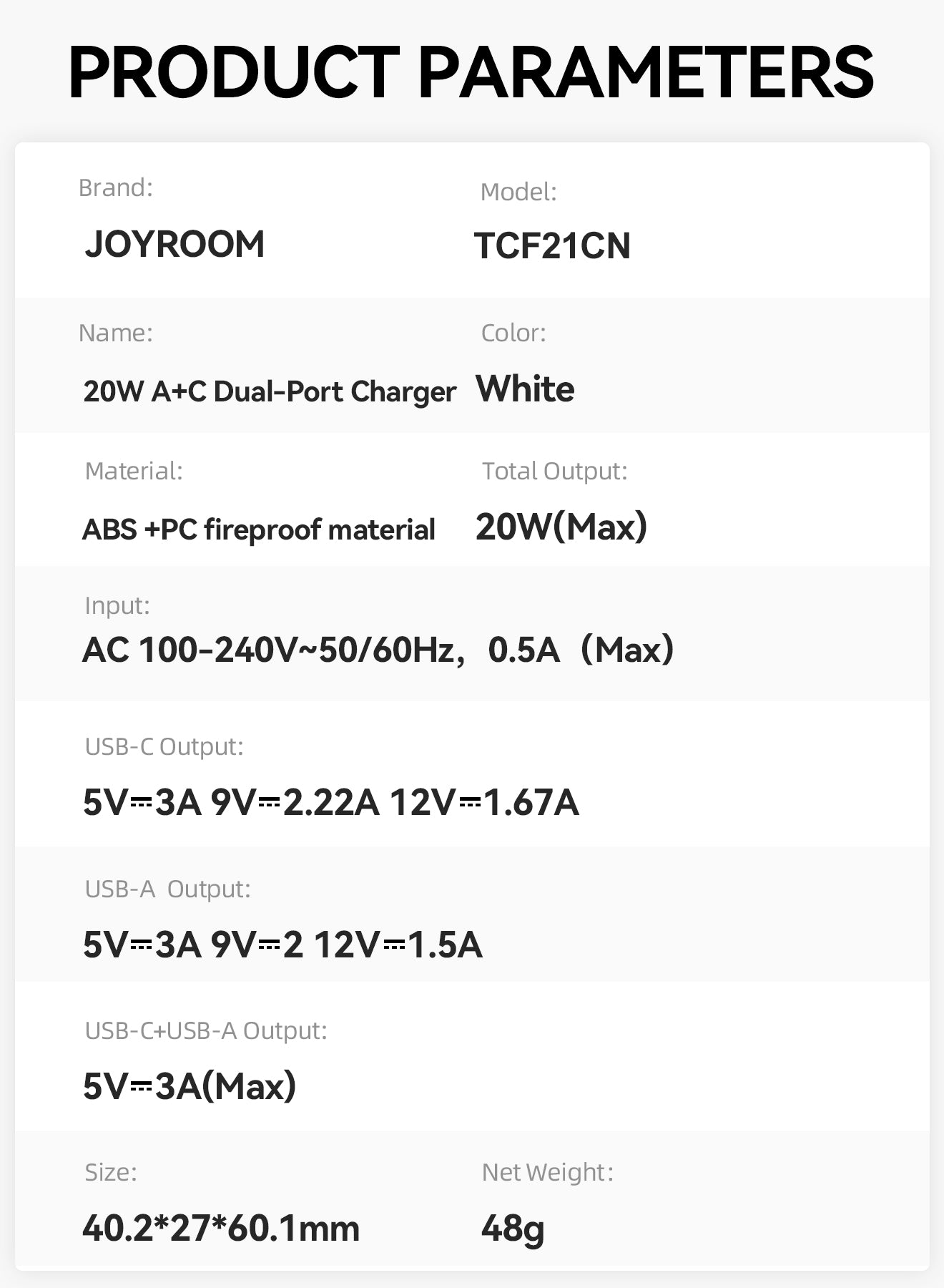 JOYROOM JR-TCF21 20W Dual-Port (A+C) Charger CN