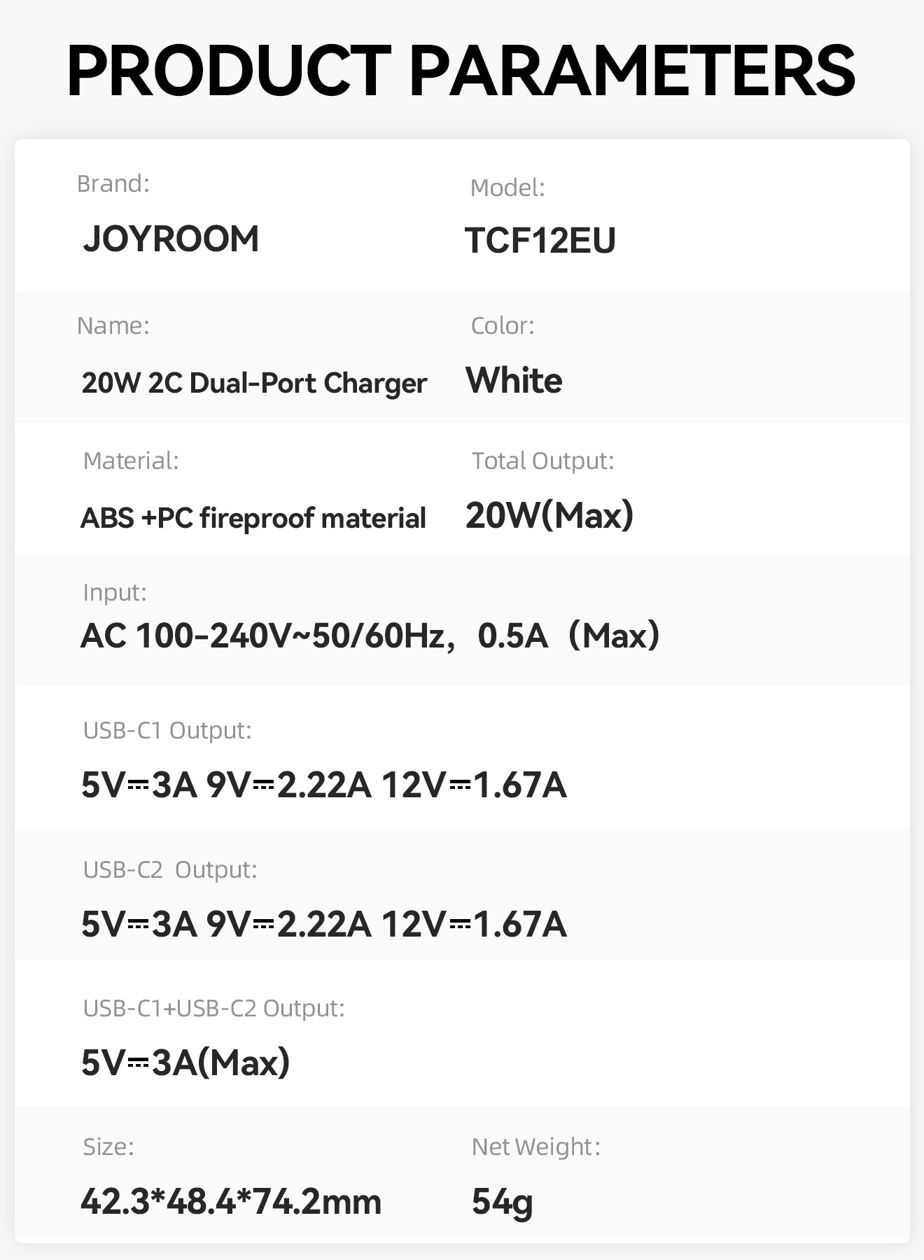 JOYROOM JR-TCF12 20W Dual-Port (2C) Charger EU