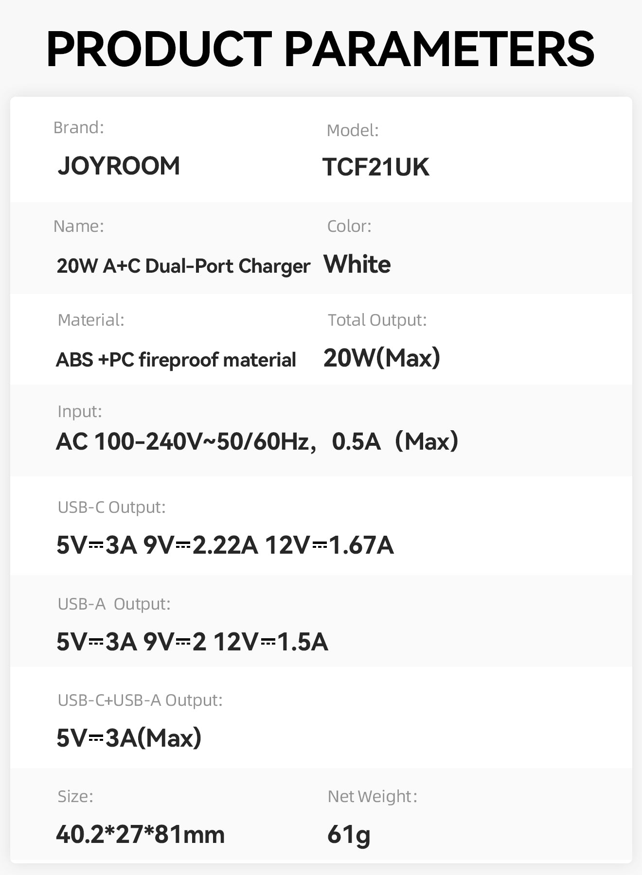 JOYROOM JR-TCF21 20W Dual-Port (A+C) Charger UK