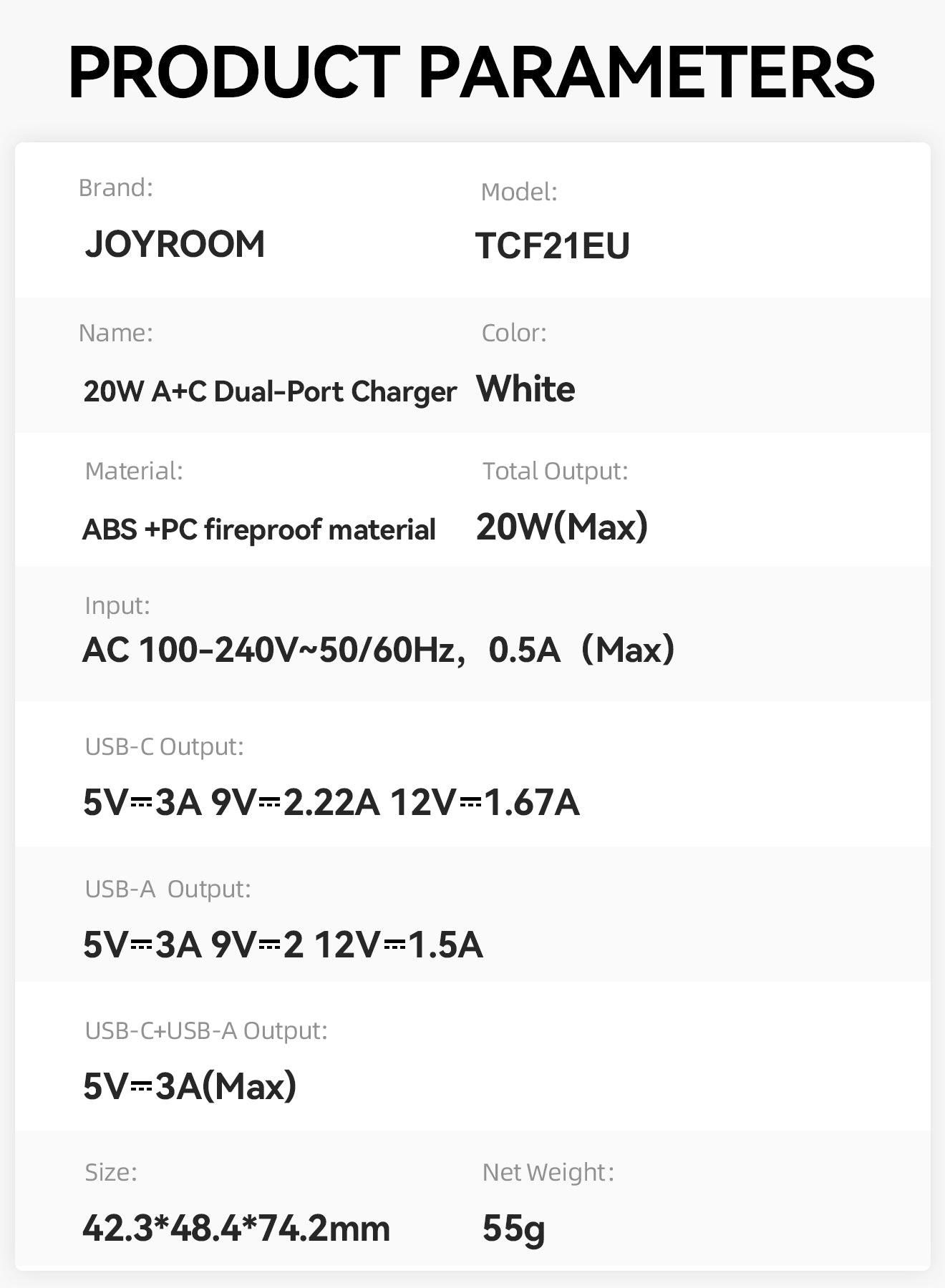 JOYROOM JR-TCF21 20W Dual-Port (A+C) Charger EU