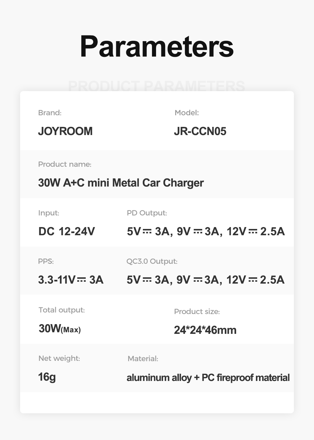 JR-CCN05 30W A+C Mini Metal Car Charger