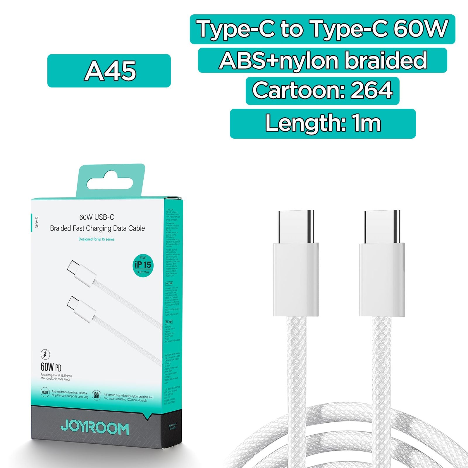 JOYROOM S-A45 Ben Series Braided 60W Fast Charging Data Cable (Type-C to Type-C) 1m