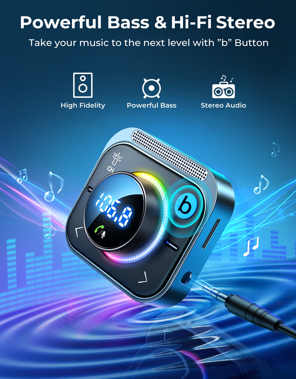 2022 Bluetooth 5.3 FM Transmitter for Car, JOYROOM [Stronger Dual Mics &  HiFi Deep Bass Sound] , 48W PD&QC3.0 Bluetooth Car Adapter, Hands-Free